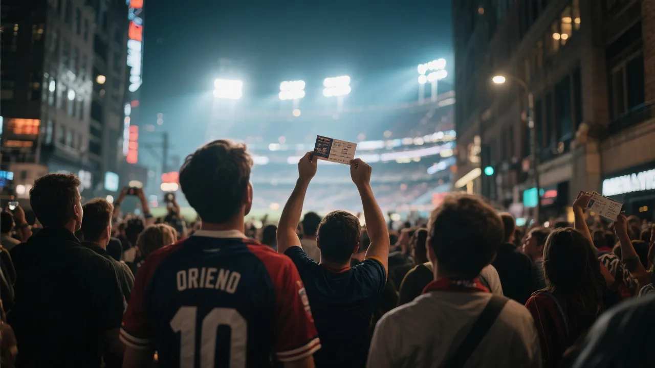 拿到门票后在城市街头抬头望向球场灯光的球迷，期待与兴奋