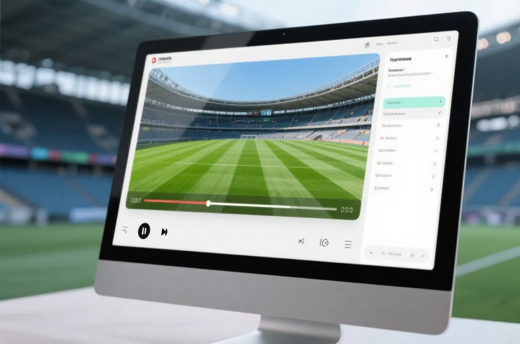An open media player interface on a sleek desktop computer screen displaying smooth video playback of a green stadium field