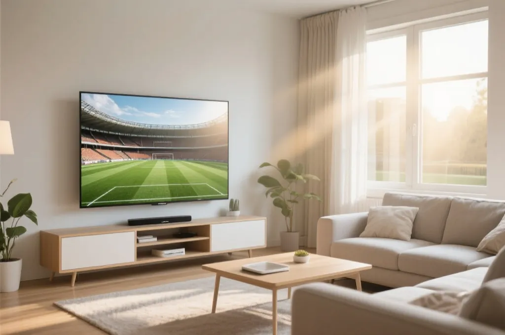 Cozy living room with morning light and a TV screen showing sports pitch